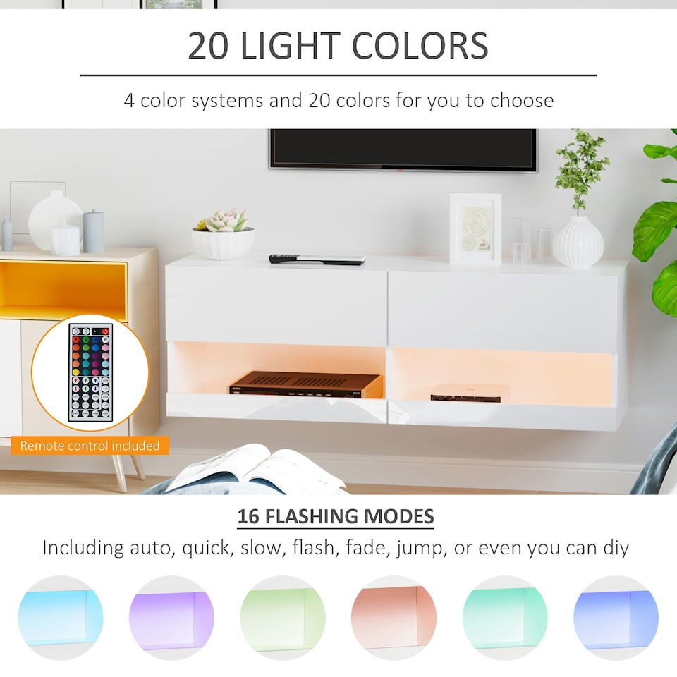 image 1 of HOMCOM Wall Mount TV Stand W/ LED Lights Media Console with Storage & Cable Hole