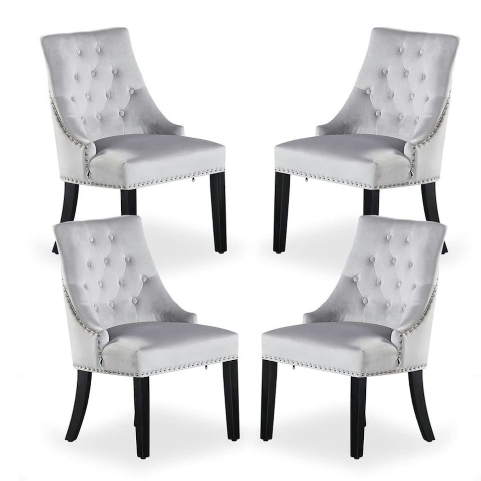 image 1 of Set of 4 Velvet Dining Chairs Ergonomic Scoop Knockerback & Button Tufted Wood Legs Blue