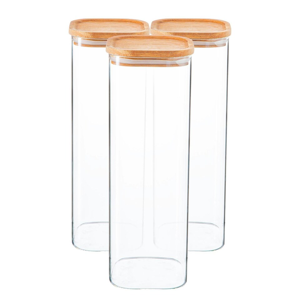 image 1 of Argon Tableware Square Glass Storage Jars with Wooden Lids - 2.2 Litre - Pack of 6