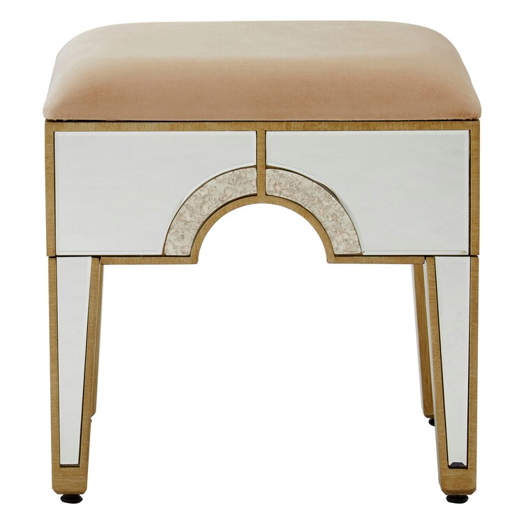 Art Deco Stool With Mirrored Panels,champagne Upholstered Bar Stool,luxe Counter Seat Stool,decorative Seat Gold