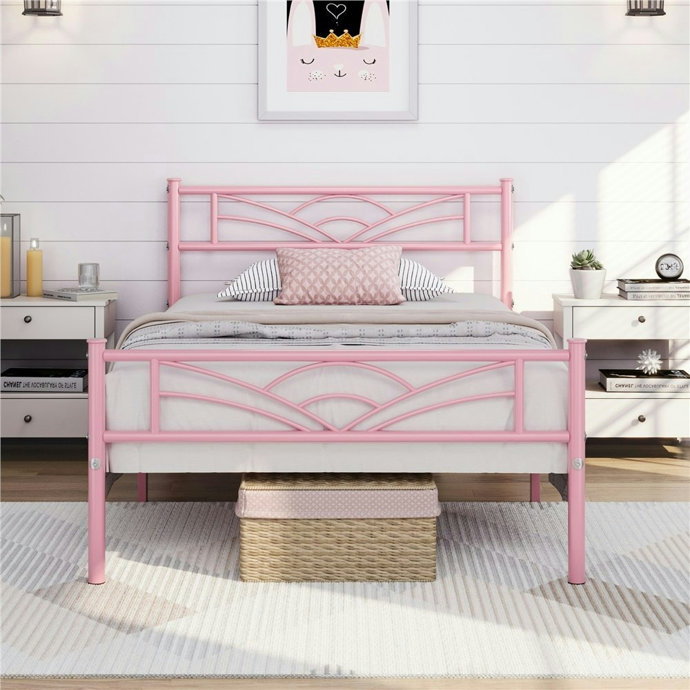 Yaheetech Metal Platform Bed Frame with Cloud-inspired Design Headboard Pink, 3ft Single