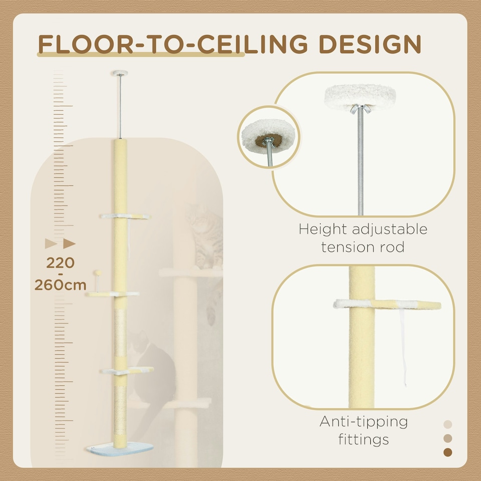 image 1 of PawHut 220-260cm Kitten Tower, Multi-Layer Floor to Ceiling Cat Tree, Yellow