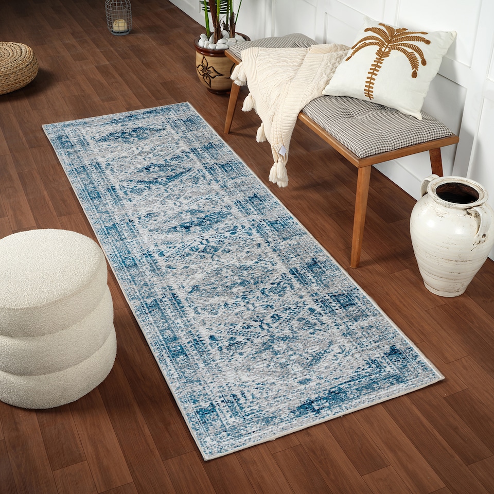 image 1 of LIVABLISS Monte Carlo-Vintage Traditional Boho Rug 80 x 220 cm | Blue Grey White
