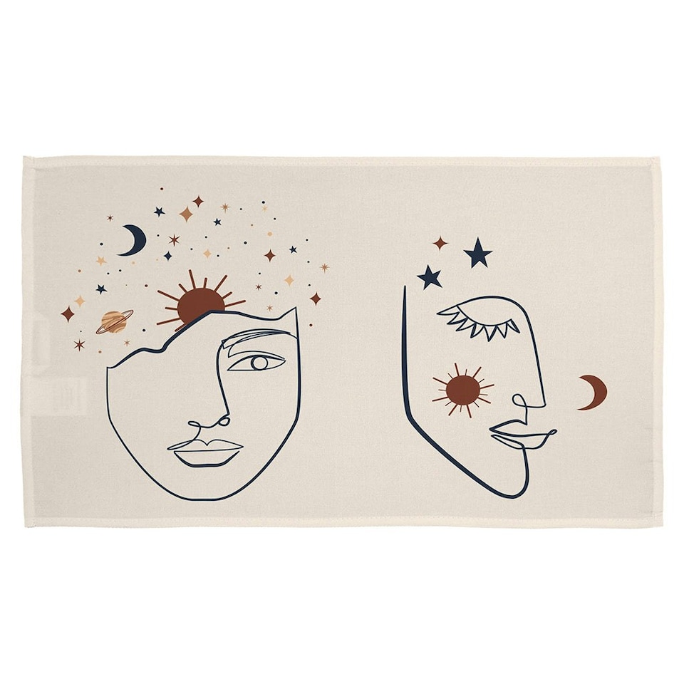 image 1 of Line art Illustration with Mystical and Celestial elements like stars, moon, sun and planets (Kitchen Towel)