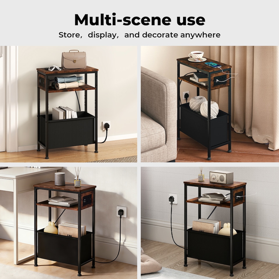 image 1 of Slim Side Table with Charging Station Storage Narrow End Table Sofa Living Room