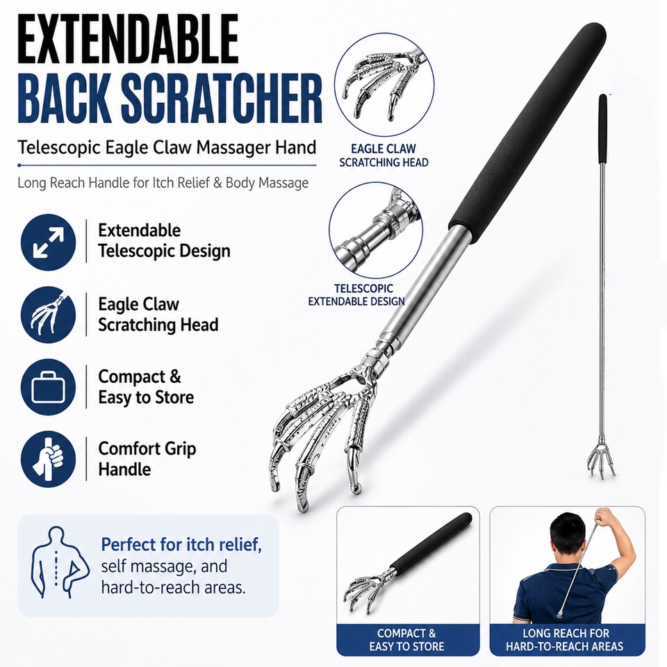 image 1 of Extendable Back Scratcher Black Telescopic Eagle Claw Metal Massager Hand with Long Reach Handle for Itch Relief and Body Massage