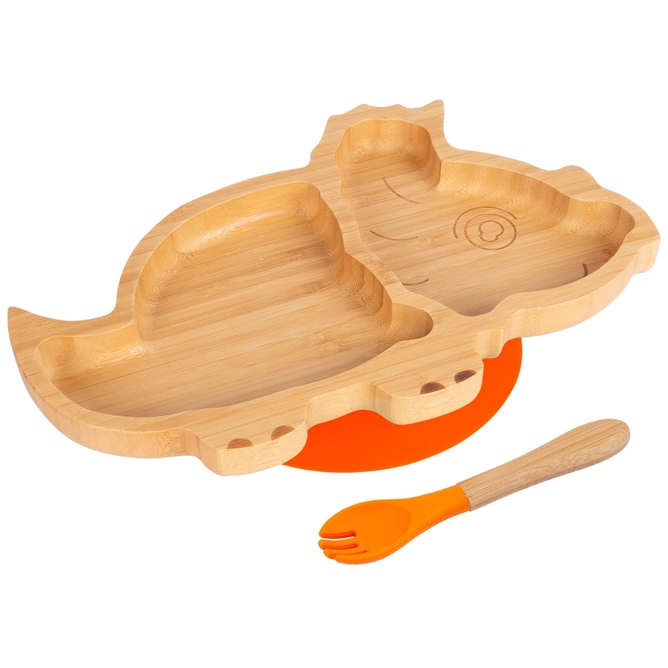 image 1 of Tiny Dining Bamboo Dinosaur Baby Weaning Plate & Fork Set - Orange