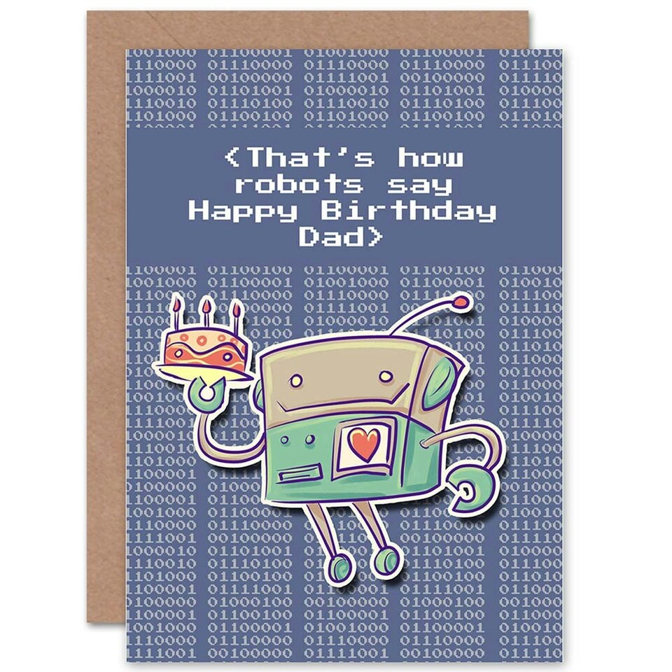 image 1 of Happy Dad Father Robot Cake Binary Fun Birthday Card