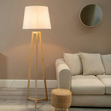 ValueLights Lottie Natural Wood Tripod Floor Lamp with White Fabric Tapered Shade and LED Bulb