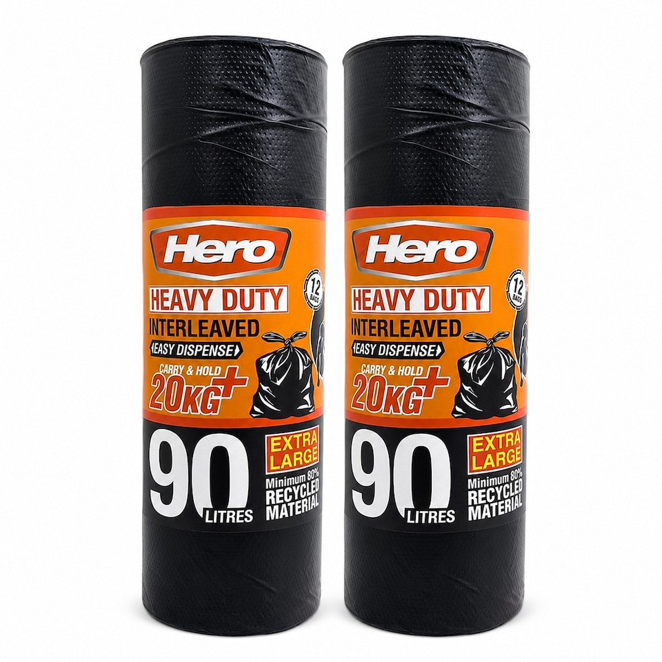 image 1 of Hero 90L Extra Heavy Duty Black Bin Bags – Strong Refuse Sacks | 12 Bags per Roll for Household, Garden & Commercial Use