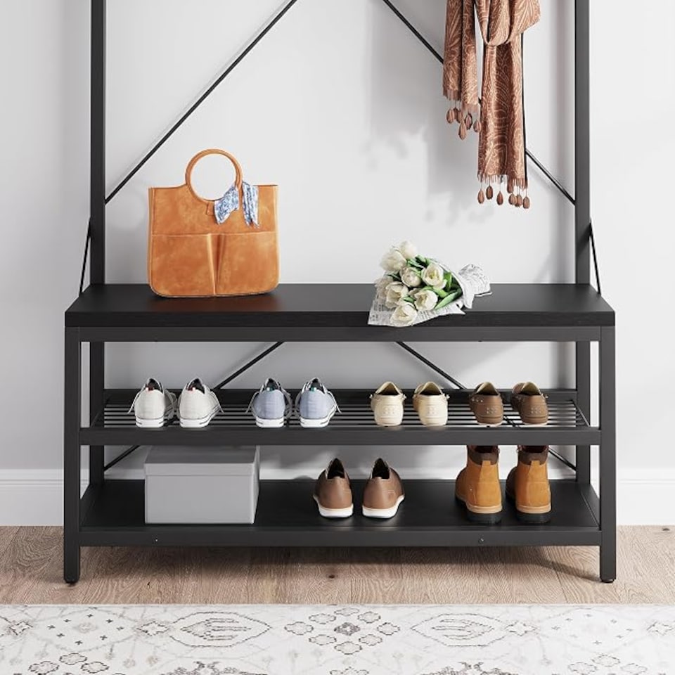 image 1 of London Boutique Hall Tree with Bench & 2-Tier Shoe Rack 102x40x183cm