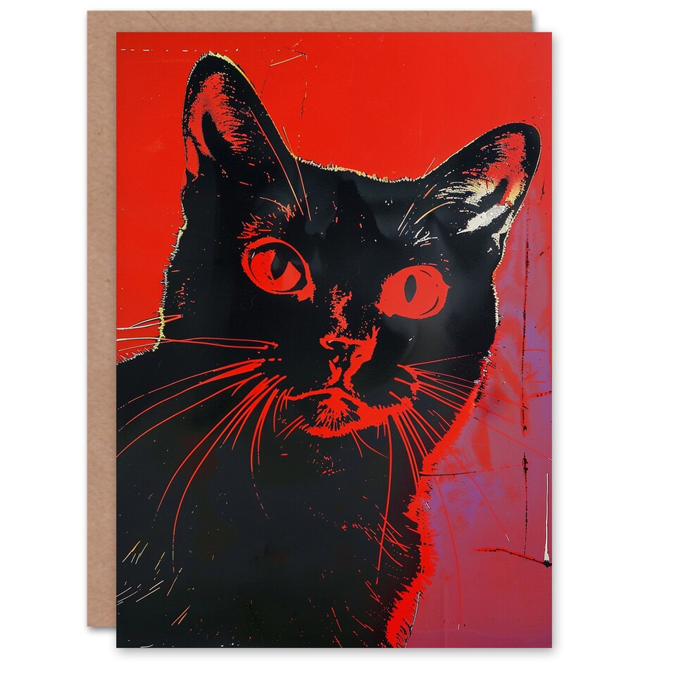 image 1 of Cat Lover Vibrant Red Black Retro Horror Portrait Halloween Card
