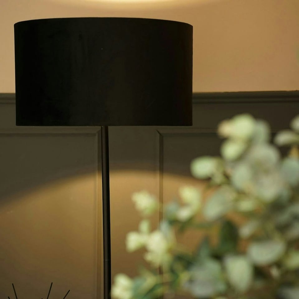 image 1 of ValueLights Tavel Matte Black Floor Lamp with Large Black Shade | Black