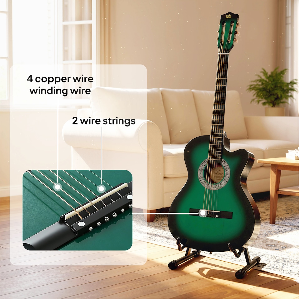 image 1 of HOMCOM Beginner Acoustic Electric Cutaway Guitar Adult Junior Guitar, Green | Green | Dark Green | 38 inch