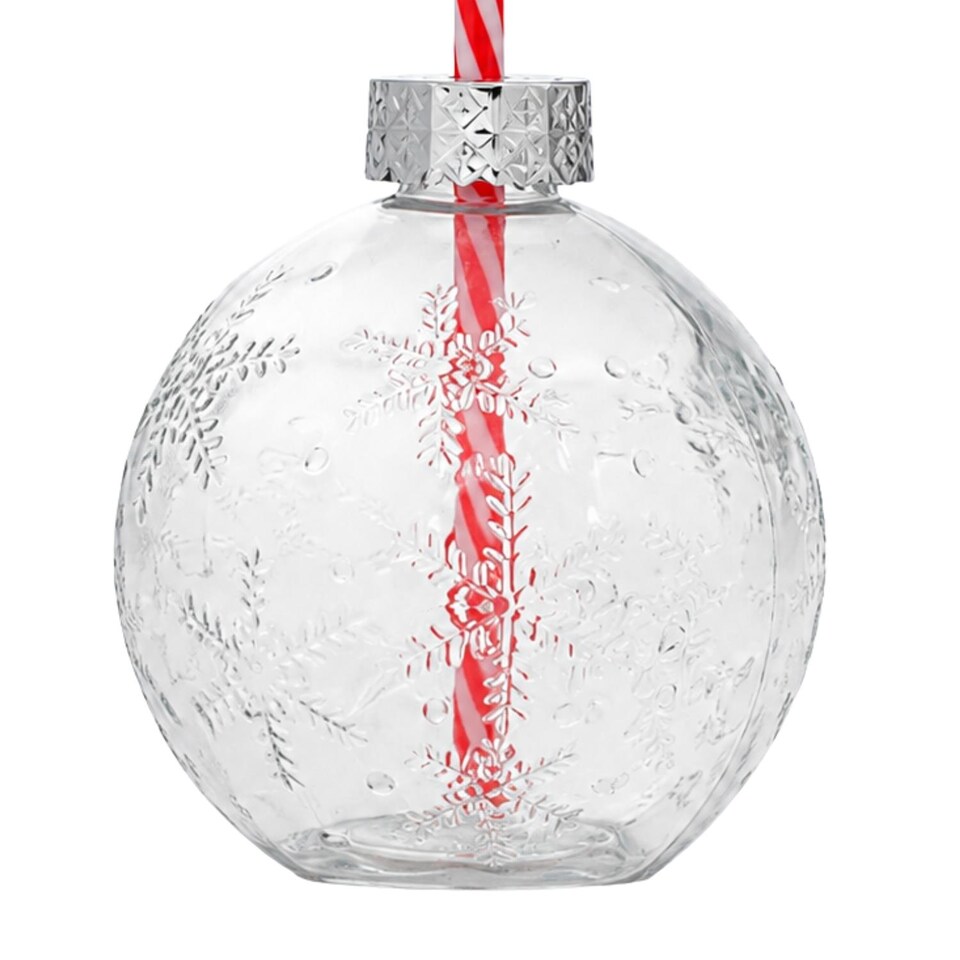 image 1 of Set of 12 Glass Bauble Drinks Tumblers Clear Snowflake 400ml With Straw