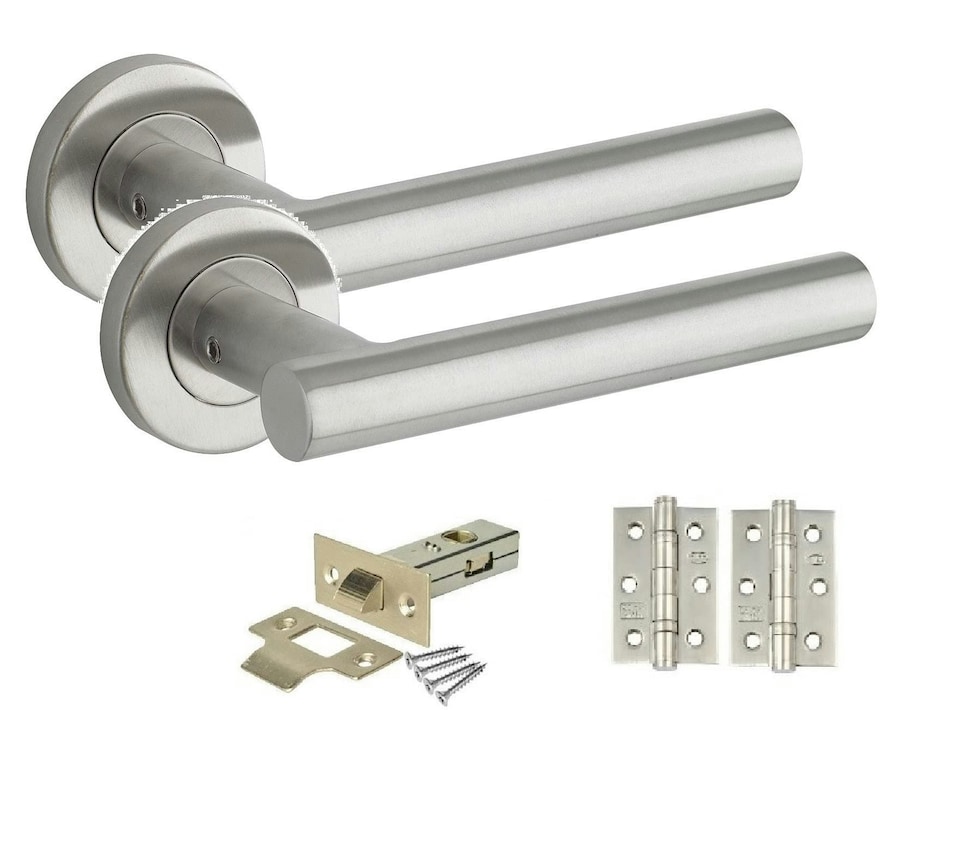 image 1 of Golden Grace 5 Pairs Straight T-Bar Door Handles on Round Rose in Satin Nickel Finish with Ball Bearing Hinges and 64mm Tubular Latch | Grey | 5 Set