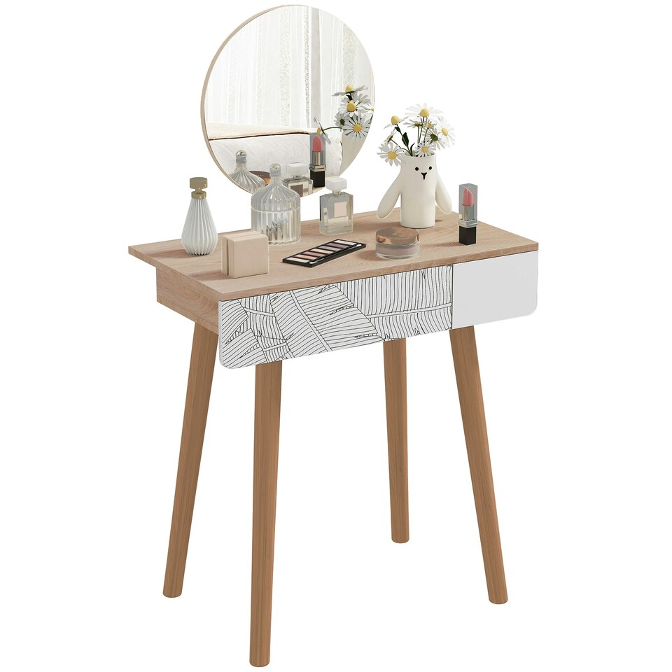 image 1 of HOMCOM Wooden Compact Dressing Table w/ Drawer Mirror 4 Legs Table Top Bedroom