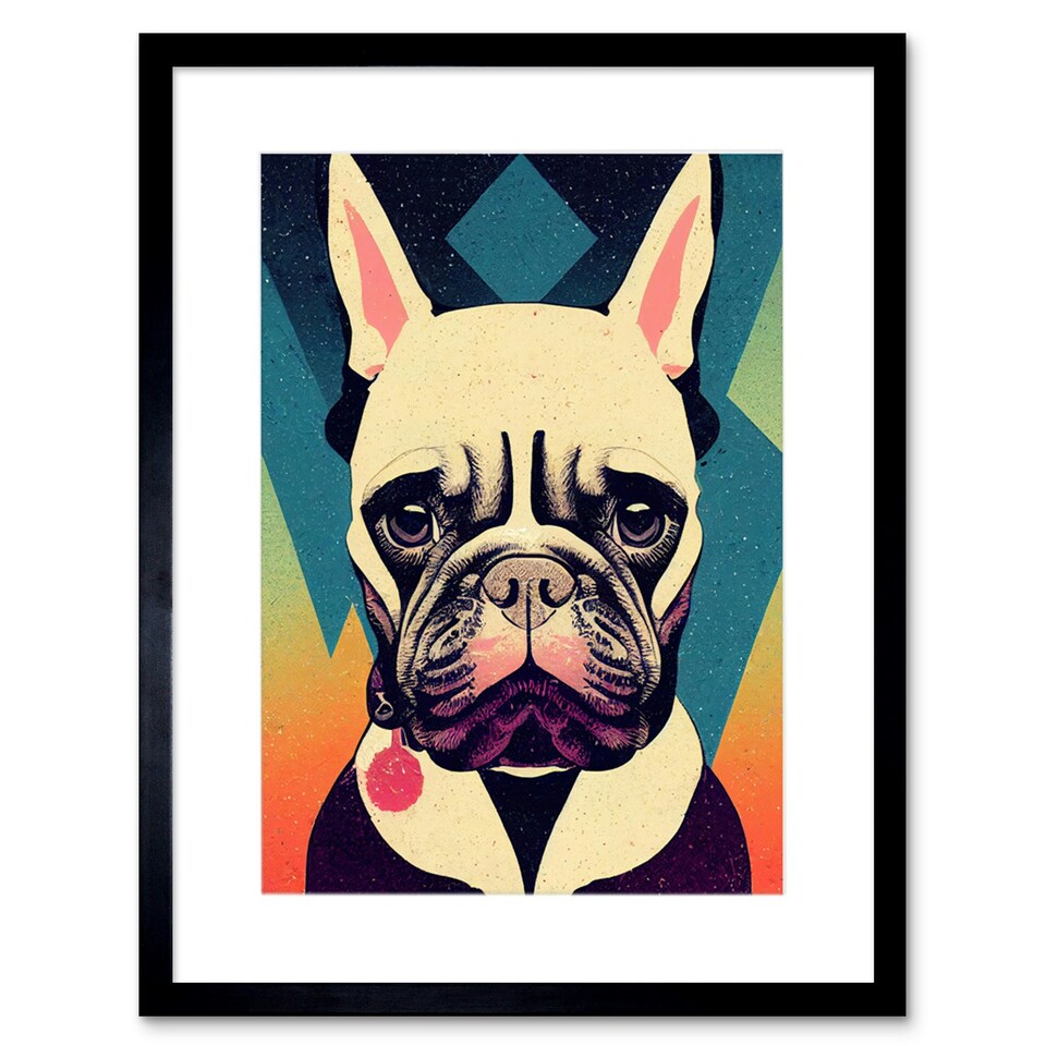 image 1 of French Bulldog Portrait Geometric Pastel Modern 9x7" Black Framed Wall Art Print