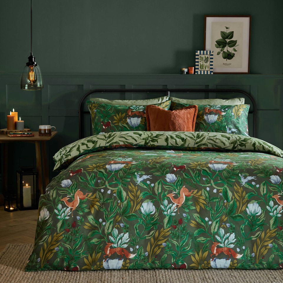 image 1 of furn. Into The Woods Printed Reversible Duvet Cover Set, Double, Green Green | Double