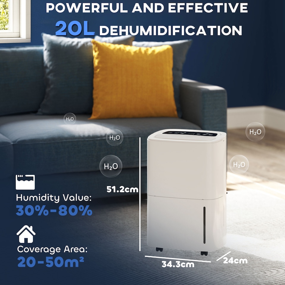 image 1 of HOMCOM 20LDay Dehumidifier with Continuous Drainage, 5L Water Tank, 24H Timer, Digital Humidity Display, Humidity Light, Dehumidifier for Home Damp, Bedroom, Condensation, Mould, Laundry Drying