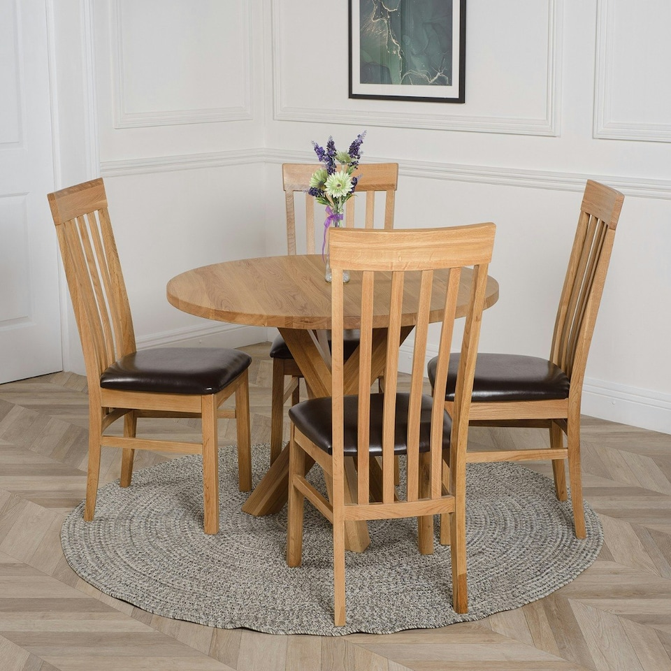 image 1 of Oregon Round Oak Dining Table with 4 Harvard Oak Chairs Brown