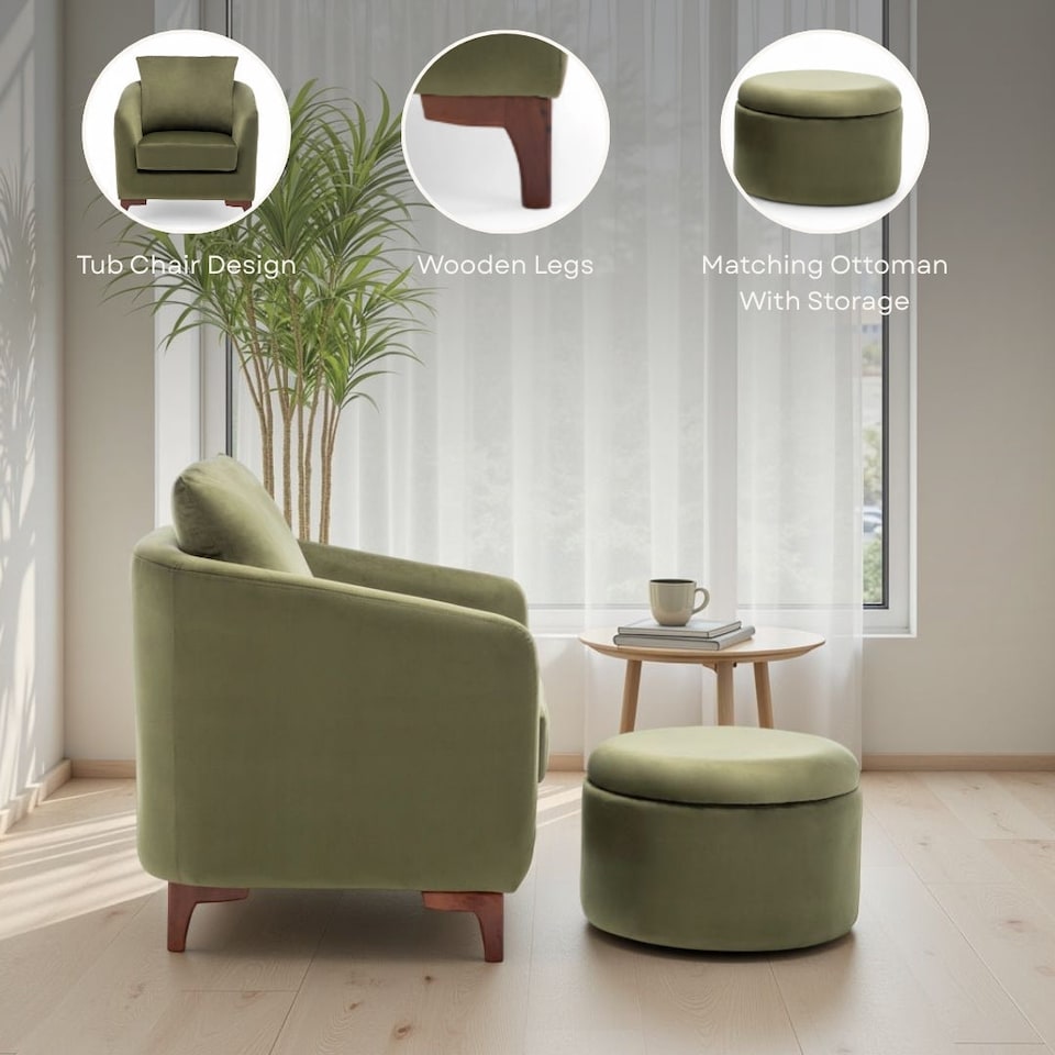 image 1 of Velvet Blue Angela Accent Tub Chair with Ottoman
