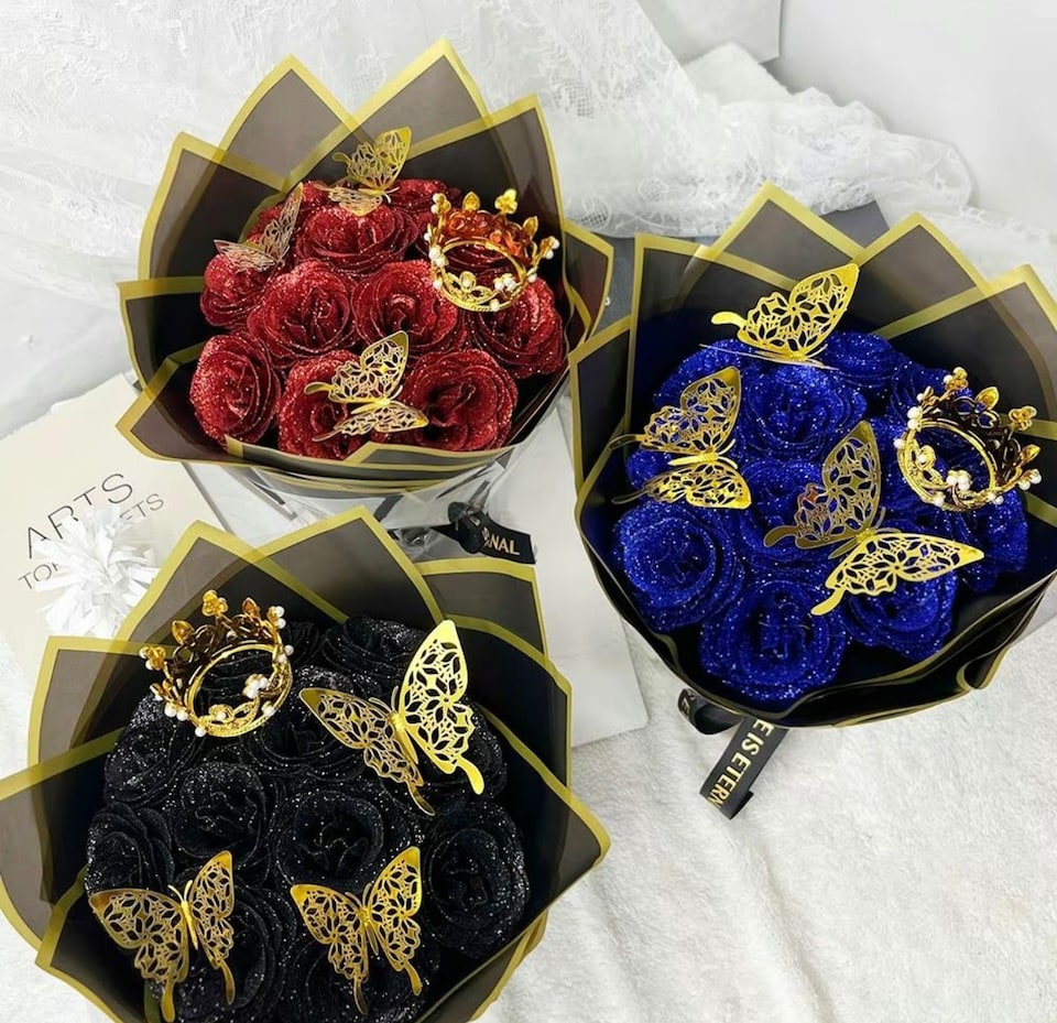 image 1 of Artificial 12 Red Rose Flower Bouquet With Glitter Crown Butterfly Wedding Party Decoration Valentines Gift
