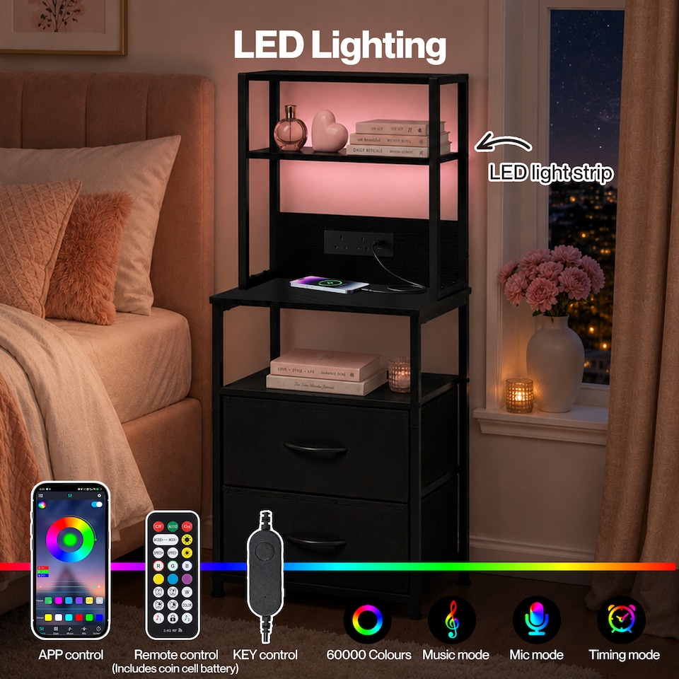 image 1 of Levede Bedside Table with Charging Station,LED Light 2 Drawers Storage Black