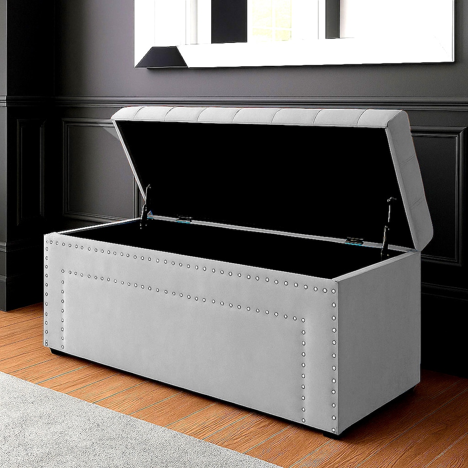 image 1 of 150cm Duke Ottoman Storage Box -Upholstered Blanket Box - Silver Plush Velvet Multifunctional Storage Box