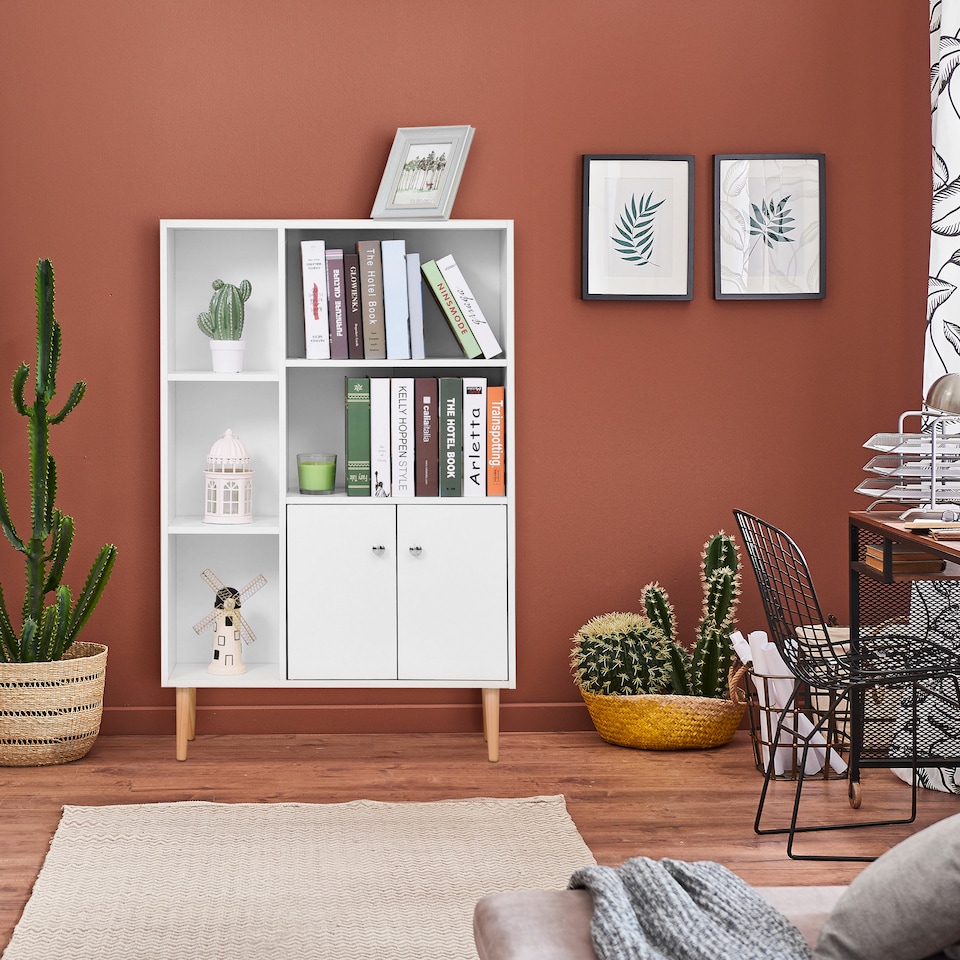 image 1 of HOMCOM Sideboard Storage Cabinet Cupboard, Open Bookcase with 2 Doors 5 Compartments Wooden Modern Style for Living Room Bedroom Kitchen 80 x 23 x 123 cm, White