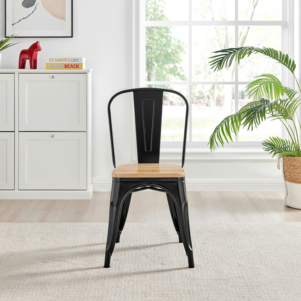 image 1 of Furniturebox 2x Colton 'Tolix' Style Black Metal Dining Chairs Wood Seat