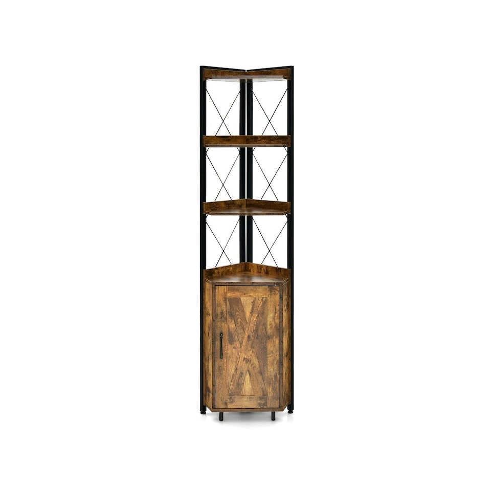 image 1 of COSTWAY 6-Tier Corner Bookcase Adjustable Shelf Brown Brown