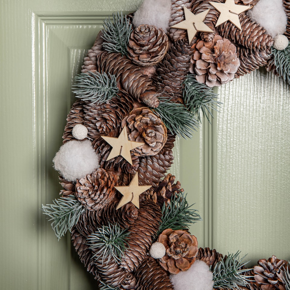 image 1 of 50cm Frosted Hanging Christmas Wreath with Pine Cones & Wooden Stars
