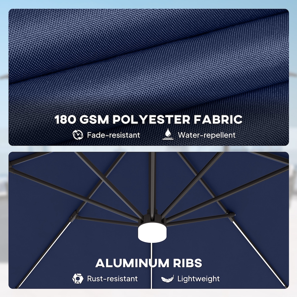 image 1 of Outsunny 3 m Cantilever Roma Parasol Garden Sun Umbrella Outdoor Patio with 360 Degree Rotation Crank and Tilt Aluminium Frame LED Solar Light Cross Base, Blue