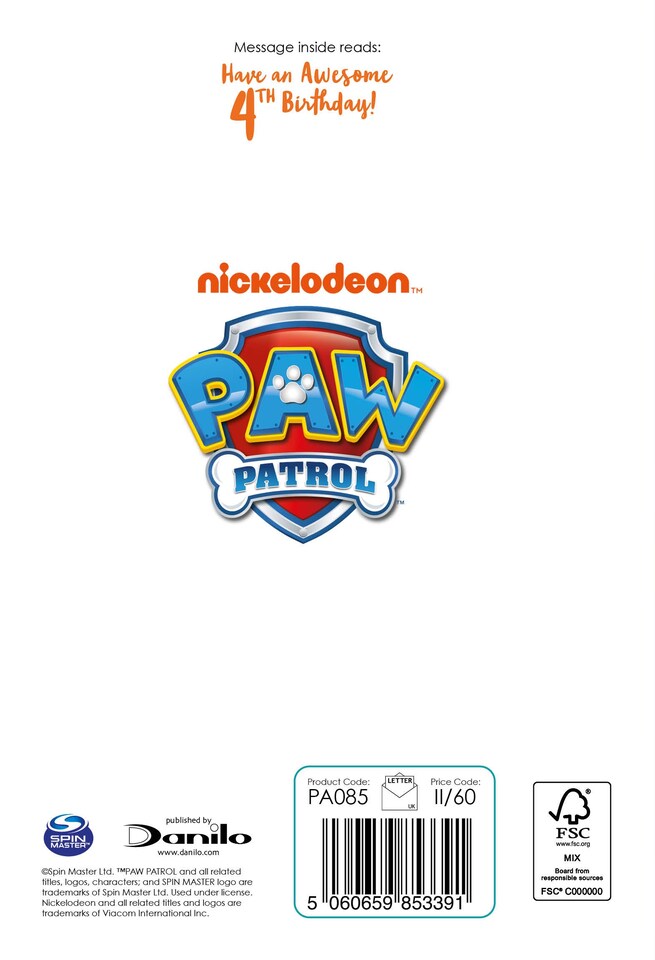 image 1 of Paw Patrol Age 4 Birthday Card