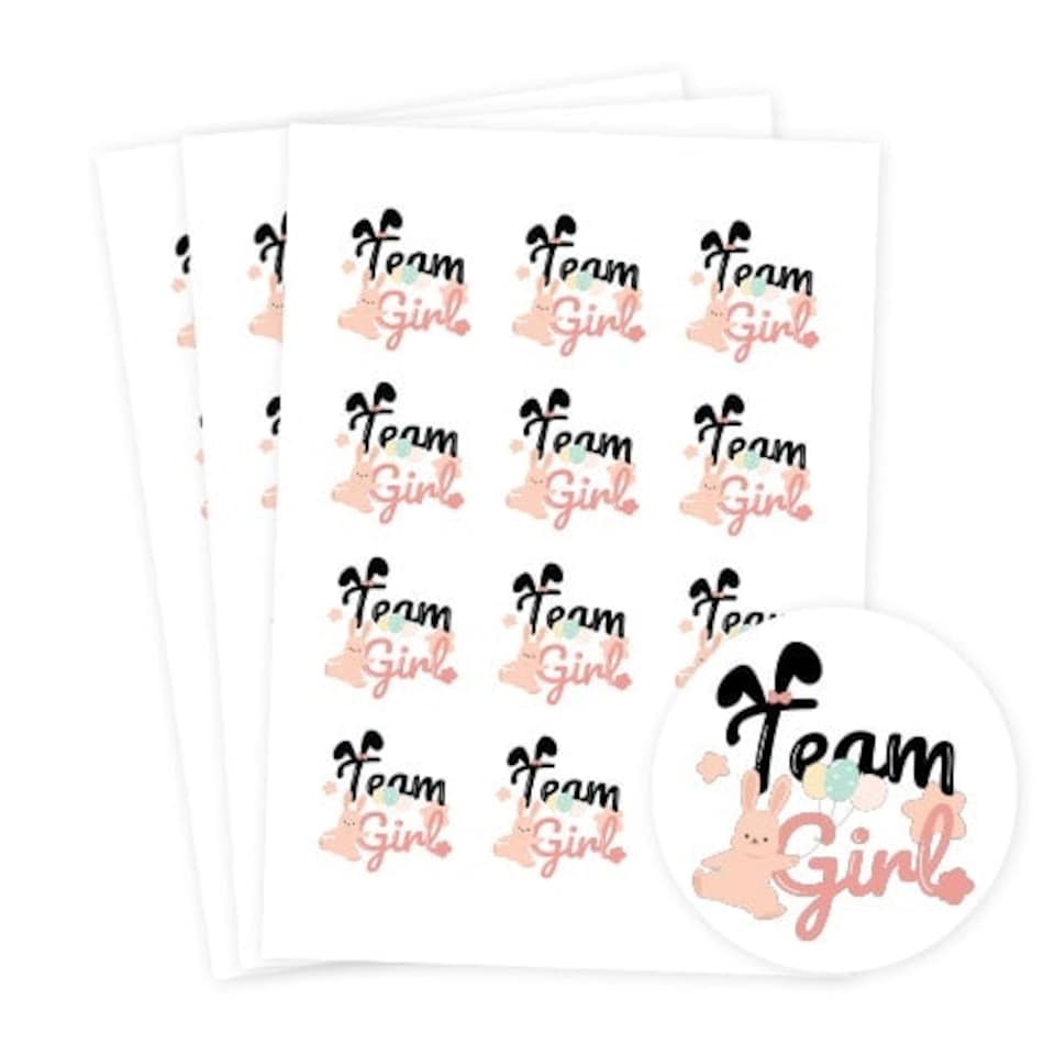 image 1 of Team Girl Bunny Gender Reveal Round Stickers 60mm - Sheet of 12