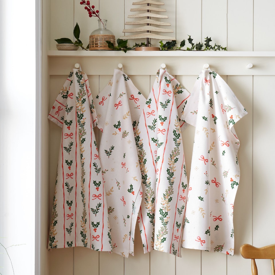 image 1 of Catherine Lansfield Christmas Holly Stripe Cotton Kitchen Tea Towel Pack of 4