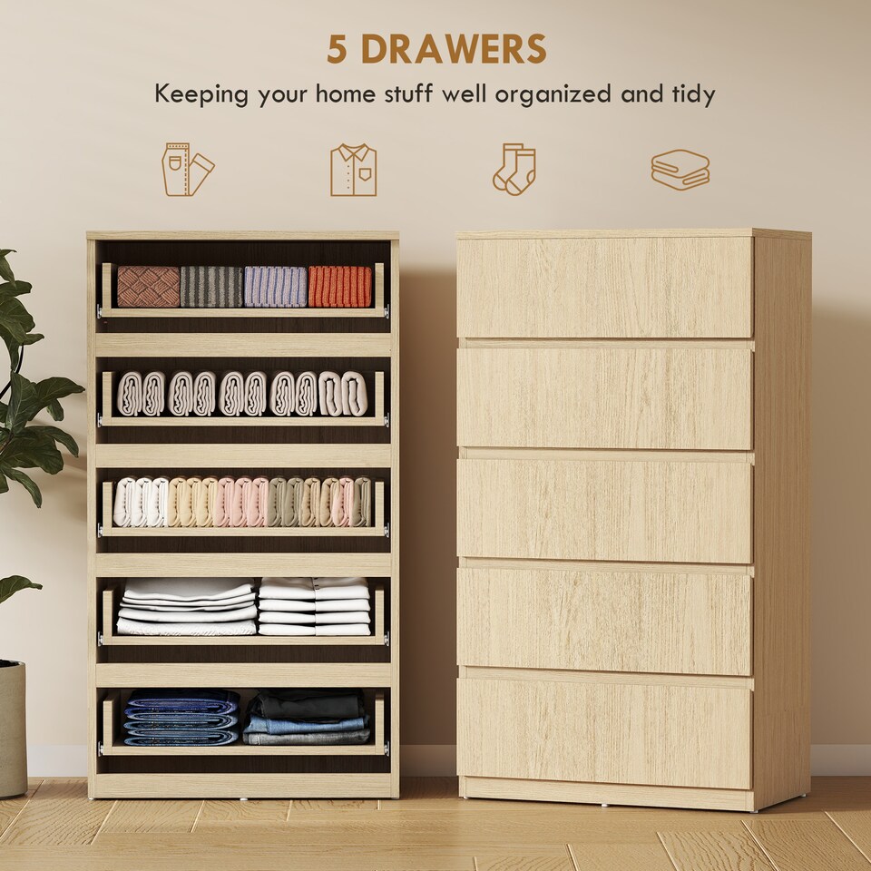 image 1 of HOMCOM Bedroom Chest of Drawers, 5 Drawers Dresser, Drawer Unit | Brown | Natural Wood | 55W x 34D x 100H cm