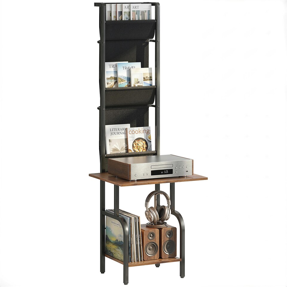 image 1 of HOMCOM Vinyl Record Player Stand with Oxford Pockets Rustic Brown and Black | Brown | Rustic Brown and Black | 50 x 48.5 x 144 cm