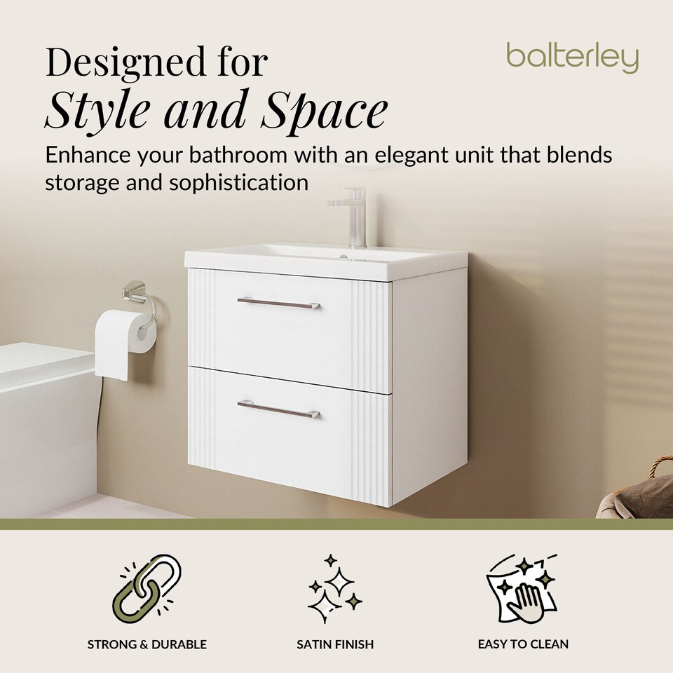 image 1 of Wall Hung 2 Drawers Vanity Unit - Mid-Edge Basin 600mm, Satin White | White | Satin White | 390 x 610 x 540mm
