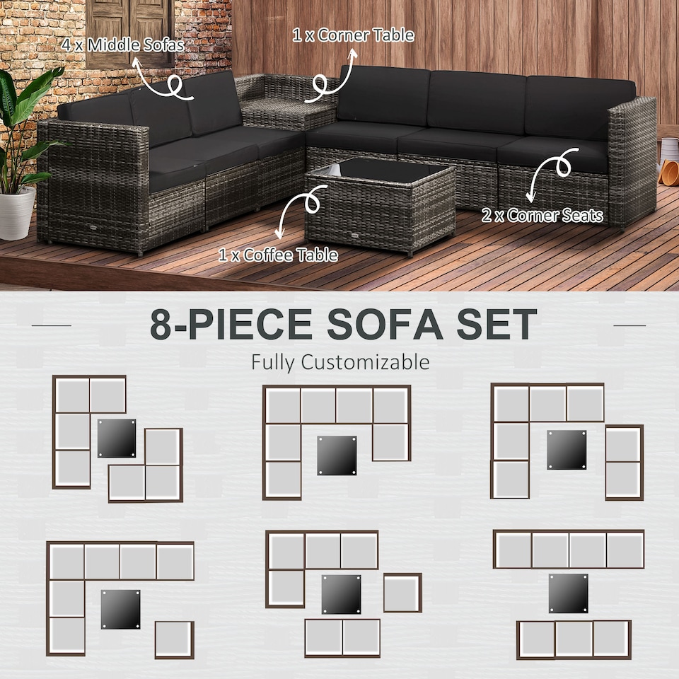 image 1 of Outsunny 8 Pieces Outdoor PE Rattan Sofa Set with Cushions, Patio Garden Furniture Sets with Glass Top Coffee Table, Storage Corner Table, Grey