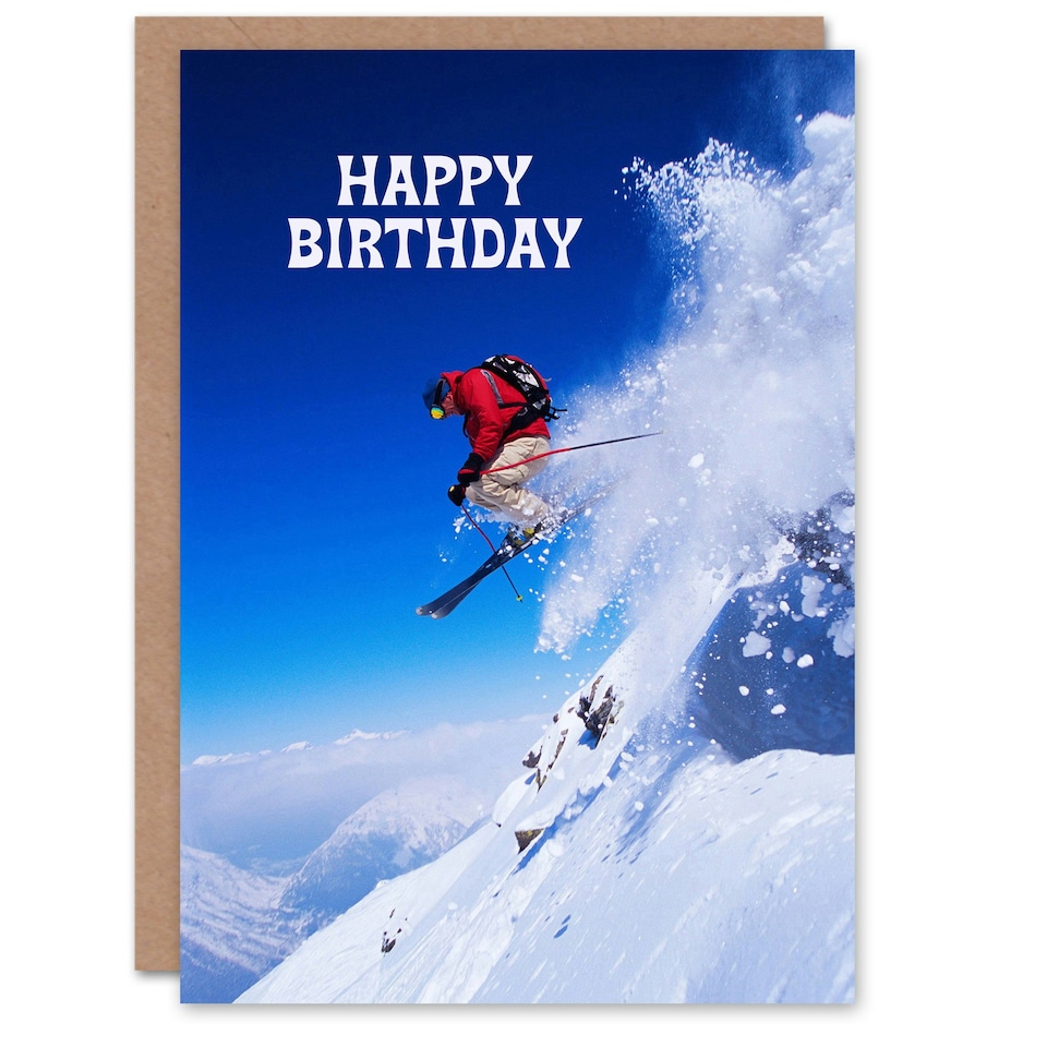 image 1 of Happy Birthday Skier Ski Jump Snow Sport Photo Birthday Card