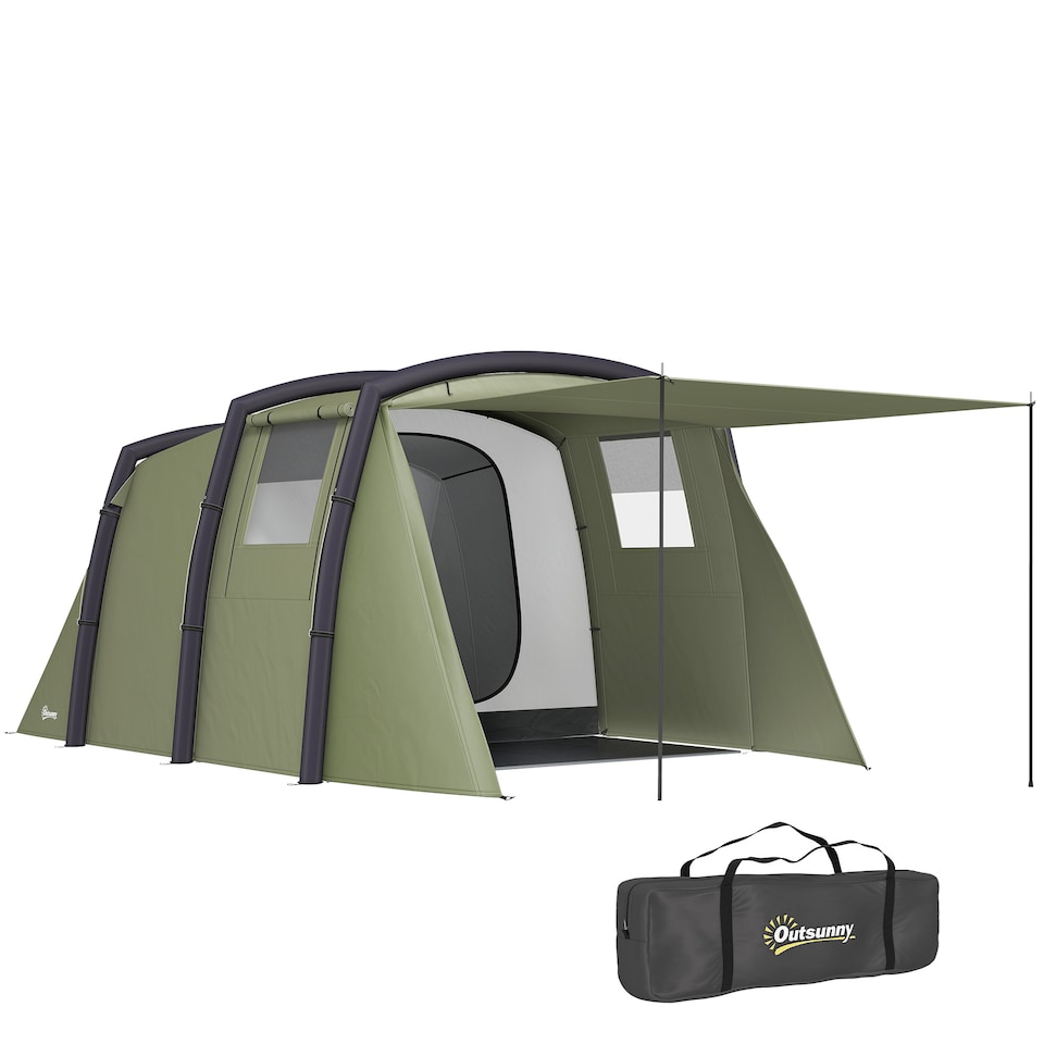 image 1 of Outsunny Inflatable 3-4 Man Tunnel Tent w/ Pump, Living Area, Olive Green | Green
