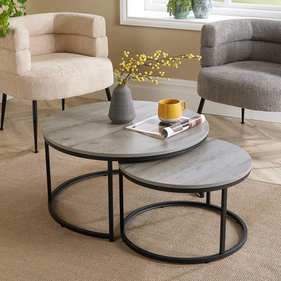 image 1 of Nest of 2 Grey Tables Round Stackable Side Unit Industrial Living Room Furniture