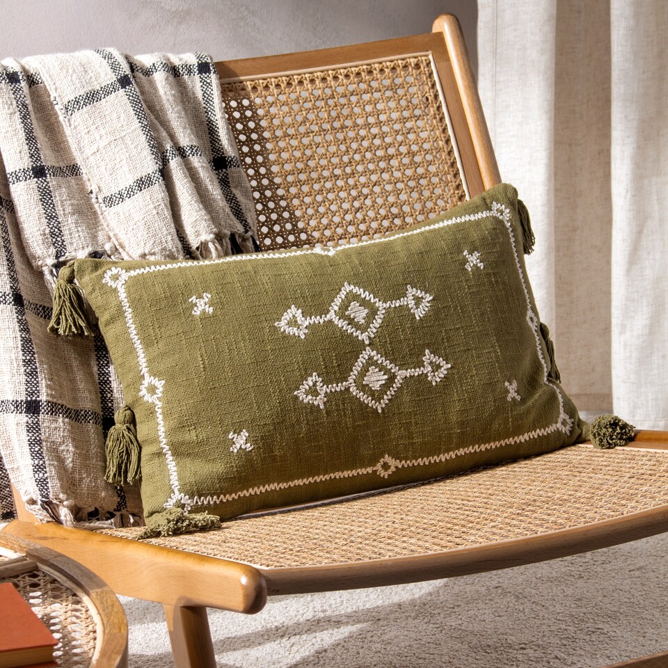 image 1 of Yard Folis Embroidered Cushion, Khaki, 30 x 50cm