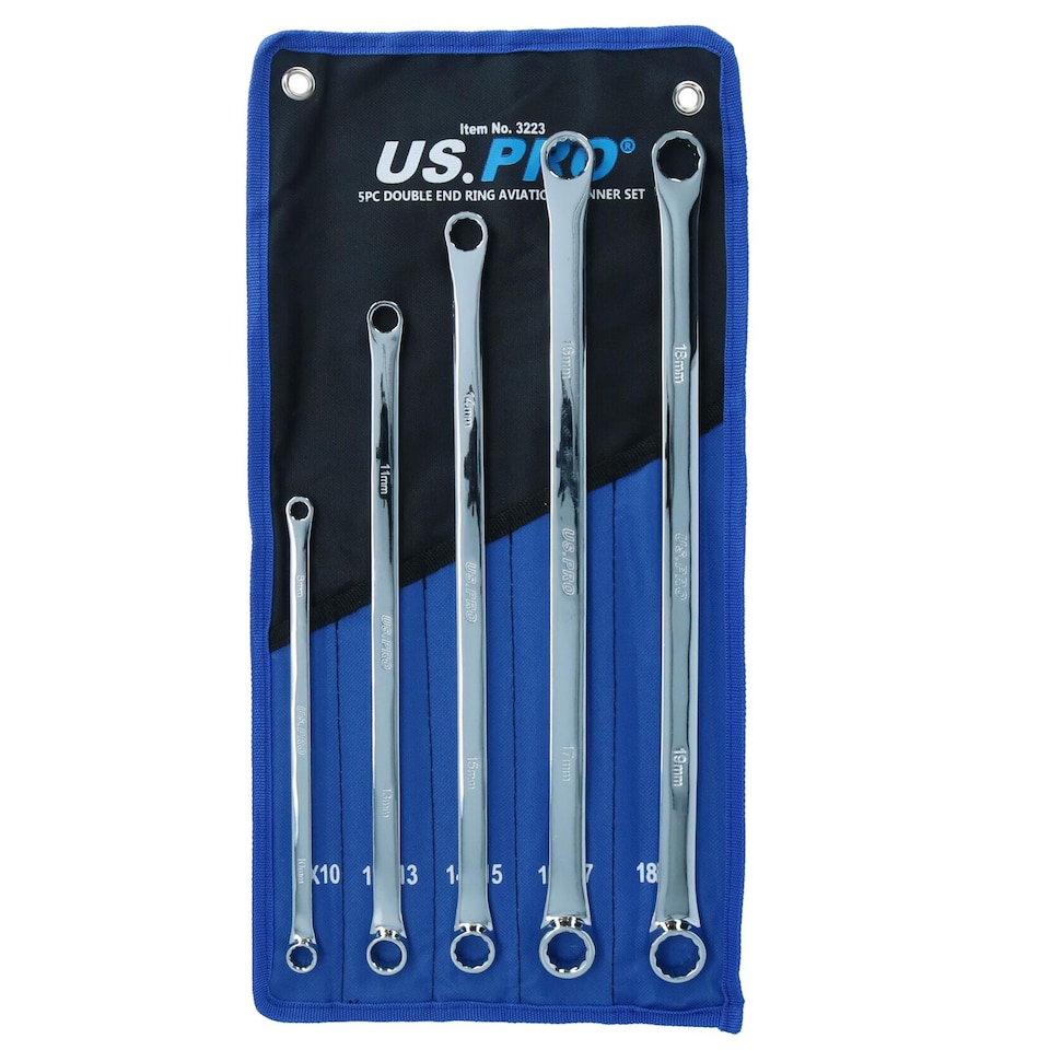 image 1 of Extra Long Double Ended Ring Spanner Aviation Wrench 8mm - 19mm 5pc Set