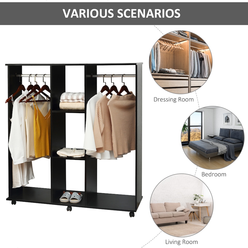 image 1 of HOMCOM Double Open Wardrobe on Wheels, Bedroom Wardrobe with Clothes Hanging Rails, 3 Storage Shelves, Mobile Garment Rack for Cloakroom, Hallway, Black