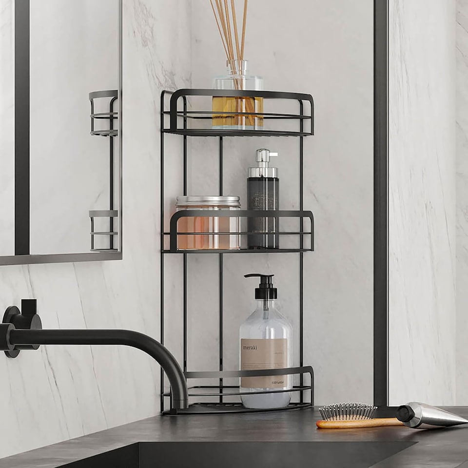 image 1 of Metaltex Origin Lava 3-Tier Corner Shelf Bathroom Storage Rack  - Black