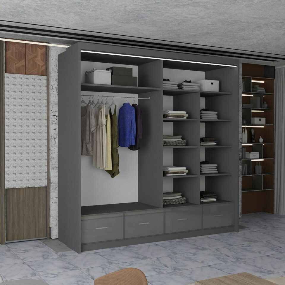image 1 of Sleek High Gloss Sliding Wardrobe 203cm with Drawers | White/Black/Grey 2-Door Bedroom Storage Grey | Grey203cm