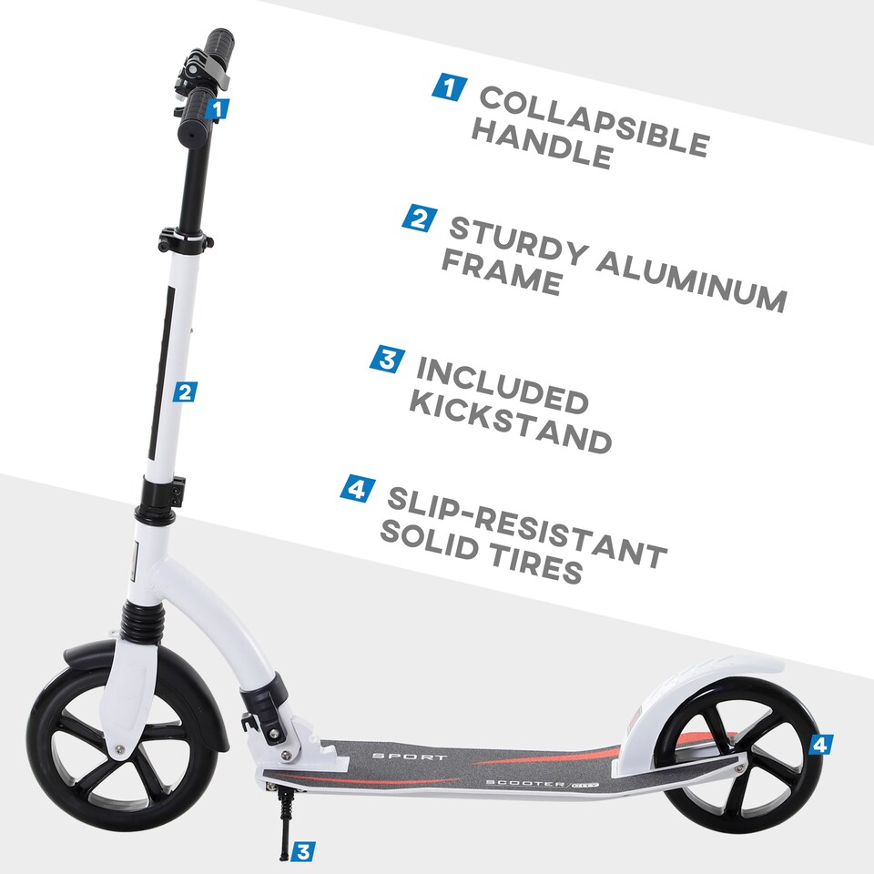image 1 of HOMCOM Foldable Kick Scooter with Double Shock Absorption and Big Wheels, Height Adjustable Aluminium Frame Big Wheel Scooter for 14+ Teens Adult - White